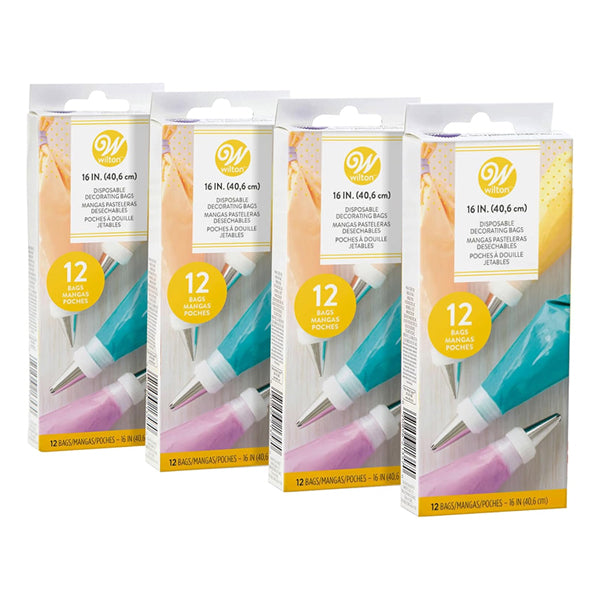 Four packs of Wilton Disposable 16 Decorating Bags, each with 12 bags, are displayed in a row. The Wilton packaging features images of filled piping bags.