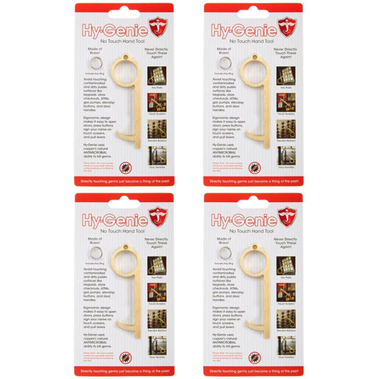 The Hy-Genie 4 Pack Brass No Touch Hand Tool lets you avoid direct contact with keypads, handles, and doors—just like the tool used by NY City Paramedics—for better hygiene. Retail packaging included.