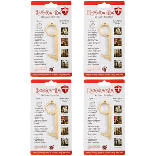 The Hy-Genie 4 Pack Brass No Touch Hand Tool lets you avoid direct contact with keypads, handles, and doors—just like the tool used by NY City Paramedics—for better hygiene. Retail packaging included.