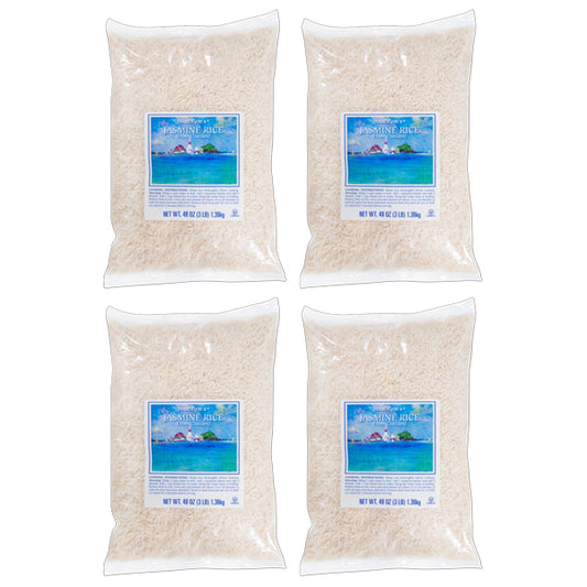 Four clear bags of Trader Joes Jasmine Rice from Thailand, 3lbs each, are arranged in a 2x2 grid on a white background. The 4-pack features blue labels and highlights the product’s Thai origin and Trader Joe’s branding.