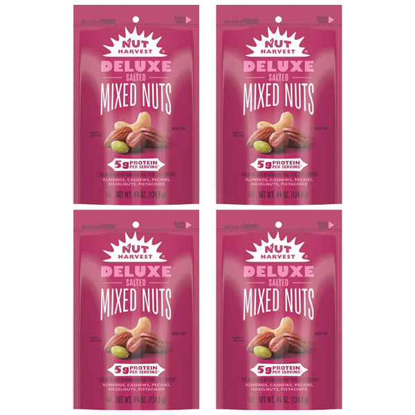 4 Pack - Nut Harvest Deluxe Salted Mixed Nuts Trail Mix 5g Protein 4.75oz