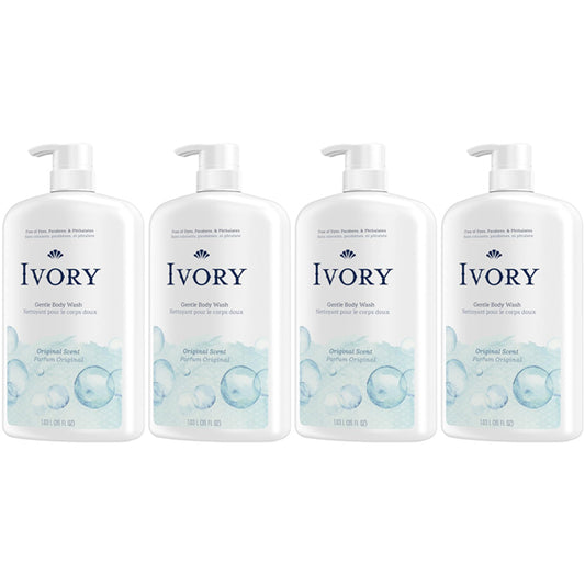 Four bottles of Ivory Mild & Gentle Body Wash Original Scent 35oz, 4 Pack, are lined up against a white background. This Ivory body wash features plant-based cleansers and is dermatologist tested for gentle care.