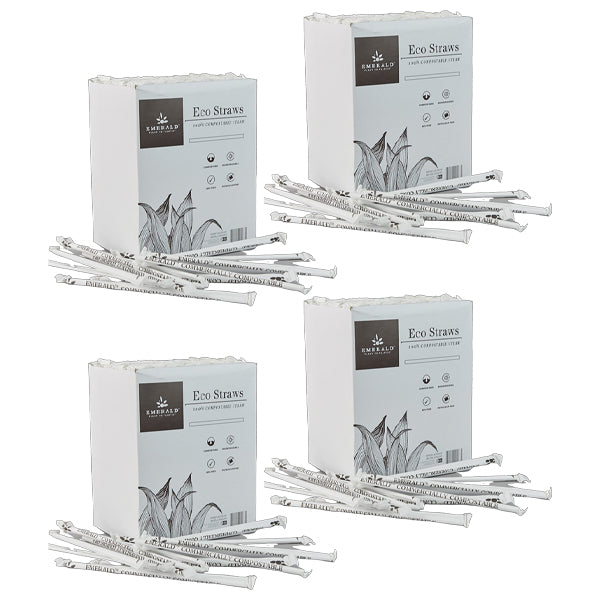Four boxes of Emerald Ecovations 4 Pack – Emerald 100% Compostable Eco Straws (400 count each) are shown on a white background, with individually wrapped biodegradable straws scattered in front.