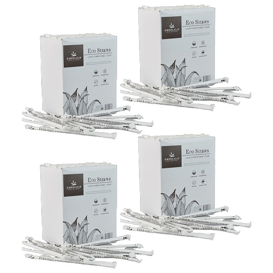Four boxes of Emerald Ecovations 4 Pack – Emerald 100% Compostable Eco Straws (400 count each) are shown on a white background, with individually wrapped biodegradable straws scattered in front.