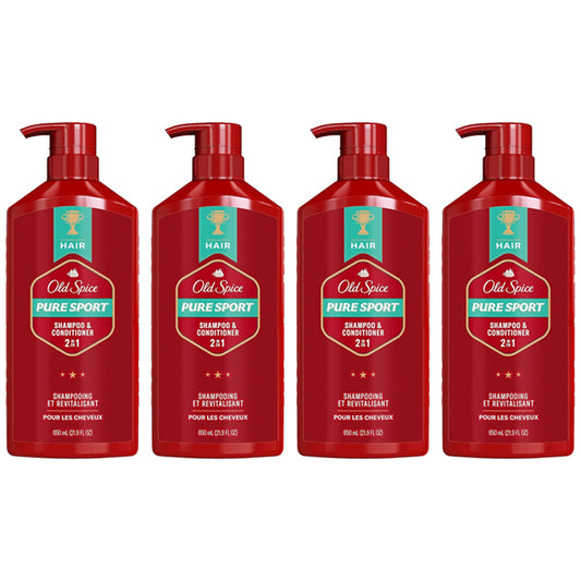Four bottles of Old Spice Pure Sport 2in1 Shampoo & Conditioner for Men, 22oz each, lined up in a row for barbershop-quality hair and a refreshing lemon-lime scent.