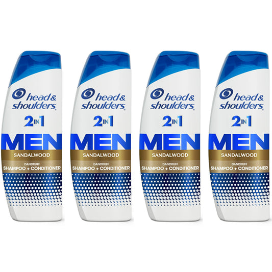 Four bottles of Head & Shoulders Mens Dandruff Shampoo Sandalwood, 12.5oz each, from the 4 Pack are lined up side by side.