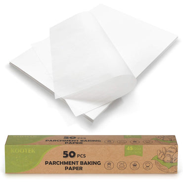 Two sheets of white Kootek parchment paper, essential baking accessories, are displayed above a brown box labeled 4 Pack - Parchment Paper Baking Sheets 12 x 16 Inch 50 Count Each.