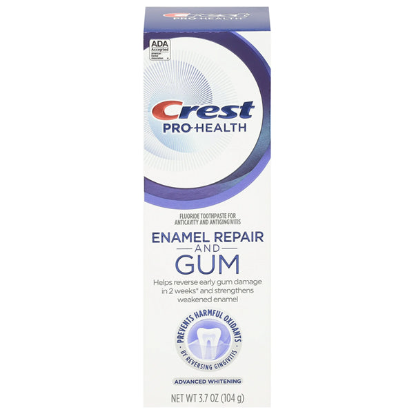 Crest Pro-Health Gum and Enamel Repair Advanced Whitening Toothpaste, 3.7 oz (4 Pack), helps repair gums in 2 weeks, strengthens enamel, and prevents gingivitis for advanced protection.