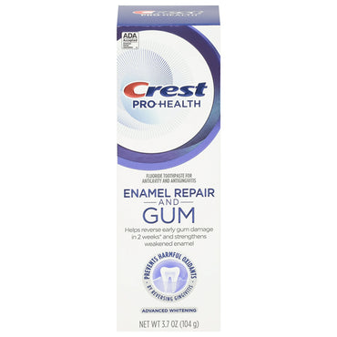 Crest Pro-Health Gum and Enamel Repair Advanced Whitening Toothpaste, 3.7 oz (4 Pack), helps repair gums in 2 weeks, strengthens enamel, and prevents gingivitis for advanced protection.