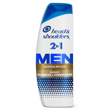 A 4 pack of Head & Shoulders Mens Dandruff Shampoo Sandalwood (12.5oz each) offers scalp care benefits in a white and blue design.
