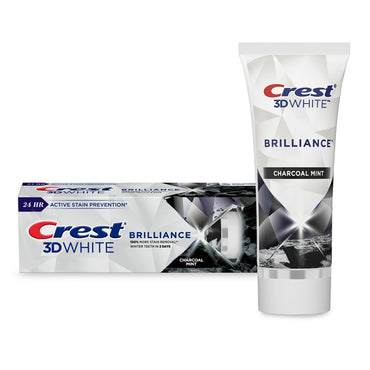The 4 Pack - Crest 3D White Brilliance Charcoal Mint Fluoride Toothpaste 3.5oz from Crest is shown with tube and box side by side from the #1 Whitening Brand.