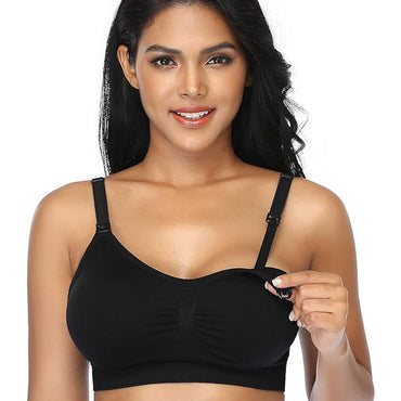 A woman with long black hair models the GXXGE 4 Pack Medium Push Up Seamless Nursing Bra for Breastfeeding and Maternity, showing its functionality by unclipping and pulling down one cup against a plain white background.