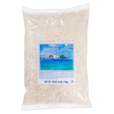 A 4 pack of Trader Joes Jasmine Rice from Thailand, 3 lbs each, features clear plastic bags with blue labels.