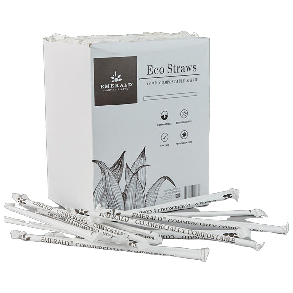 A box labeled Emerald Ecovations 4 Pack - Emerald 100% Compostable Eco Straws (400 count each), with individually wrapped biodegradable straws scattered in front.