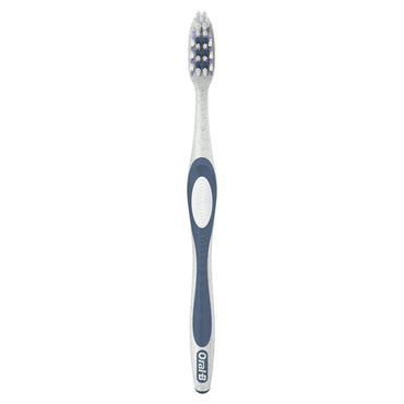A 4 Pack of Oral-B CrossAction Eco Manual Toothbrushes with medium bristles, shown vertically in white and blue against a plain background.
