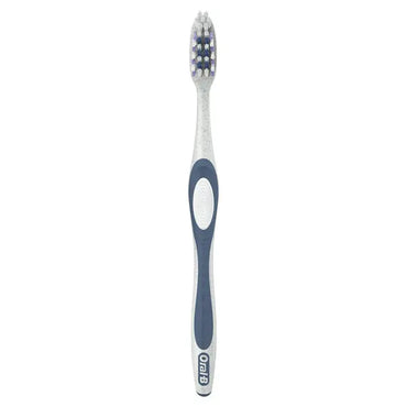 A 4 Pack of Oral-B CrossAction Eco Manual Toothbrushes with medium bristles, shown vertically in white and blue against a plain background.