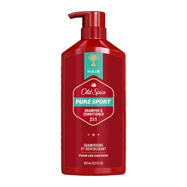 A 4-pack of Old Spice Pure Sport 2-in-1 Shampoo & Conditioner for Men, each 22oz bottle with English/French labels. Refreshing lemon-lime scent and barbershop quality.