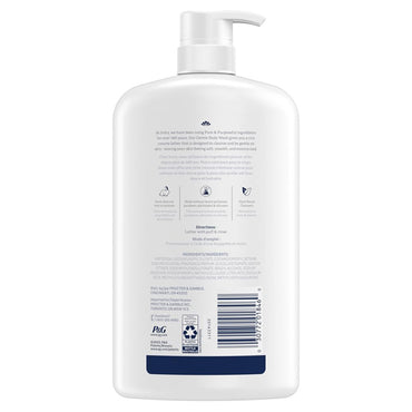 Back of a white pump bottle for Ivory 4 Pack - Mild & Gentle Body Wash Original Scent 35oz with printed info, usage directions, ingredient list with plant-based cleansers, dermatologist tested claim, and certification logos.