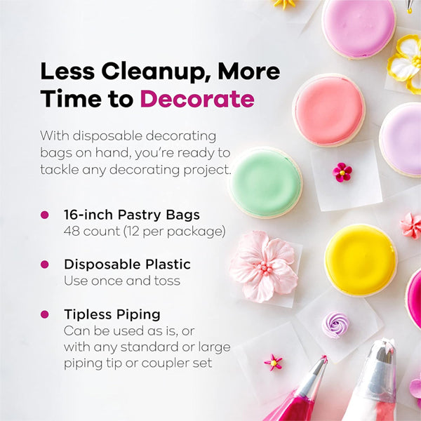 Wilton Disposable 16 Decorating Bags (4 pack, 12 count each) are shown next to assorted decorated cookies, pink frosting-filled pastry bags, and piping tools on a white surface.