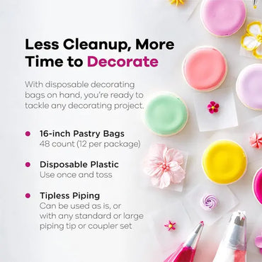 Wilton Disposable 16 Decorating Bags (4 pack, 12 count each) are shown next to assorted decorated cookies, pink frosting-filled pastry bags, and piping tools on a white surface.