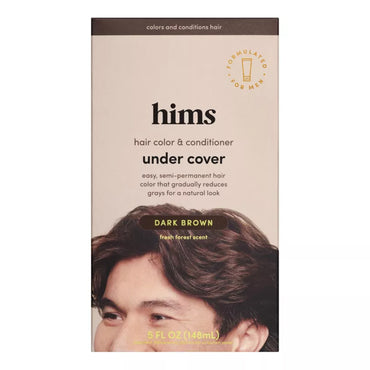 4 Pack - Hims Hair Color & Conditioner Under Cover Dark Brown 5oz for men by Hims, with argan oil for gray coverage. Brown hair is shown at the package bottom.