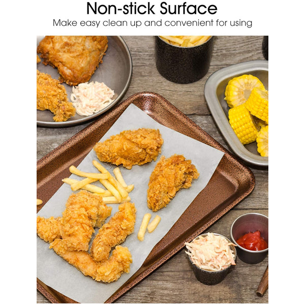 Show off your baking accessories with Kootek 4 Pack - Parchment Paper Baking Sheets (12 x 16 inch, 50 count each), perfect for serving fried chicken and fries, surrounded by corn, coleslaw, ketchup, and more on an inviting table.