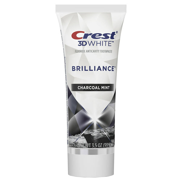A 4 Pack of Crest 3D White Brilliance Charcoal Mint Fluoride Toothpaste, 3.5oz tubes, from the trusted Crest brand, is displayed upright with visible labeling.