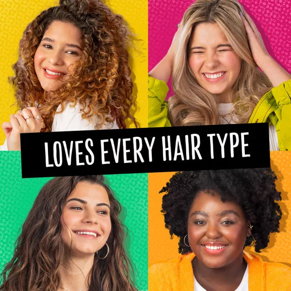 Four women with curly, straight, wavy, and coily hair smile in front of colorful backgrounds. Text: Aussie Miracle Moist Conditioner with Avocado & Jojoba Oil loves every hair type—nourishes strands for your healthiest look. 4 Pack, 12.1oz each.