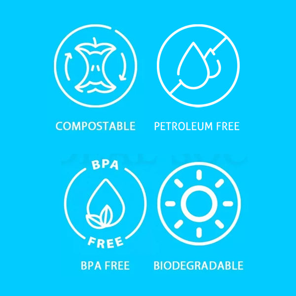 Four white eco-certification icons on blue—compostable, petroleum free, BPA free, biodegradable—perfect for showcasing Emerald Ecovations 4 Pack - Emerald 100% Compostable Eco Straws (400 count each).