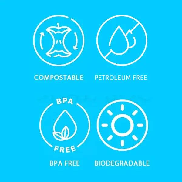 Four white eco-certification icons on blue—compostable, petroleum free, BPA free, biodegradable—perfect for showcasing Emerald Ecovations 4 Pack - Emerald 100% Compostable Eco Straws (400 count each).