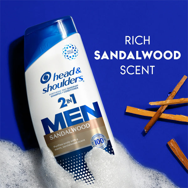 A 4 pack of Head & Shoulders Mens Dandruff Shampoo Sandalwood (12.5oz each) with sandalwood sticks and foam, featuring the text Rich Sandalwood Scent on a blue background.