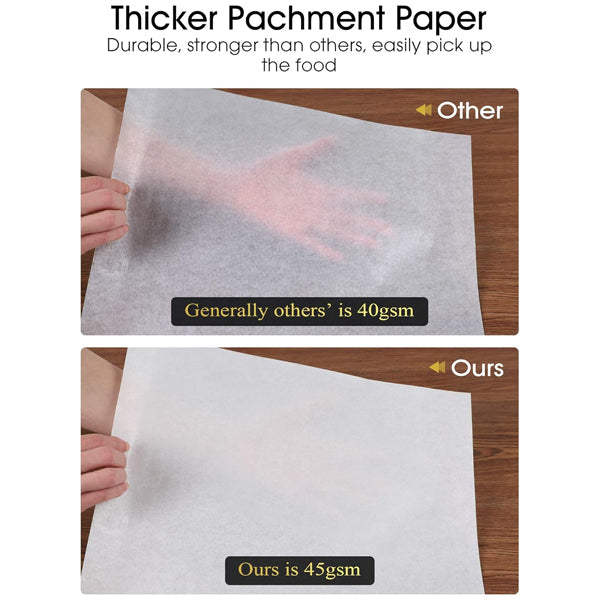Comparison of parchment papers: The top (Other) is thinner and more transparent (40gsm), while the bottom (Kootek 4 Pack Parchment Paper Baking Sheets, 12x16, 50 count each) is thicker, less transparent (45gsm), and ideal for quality unbleached baking.