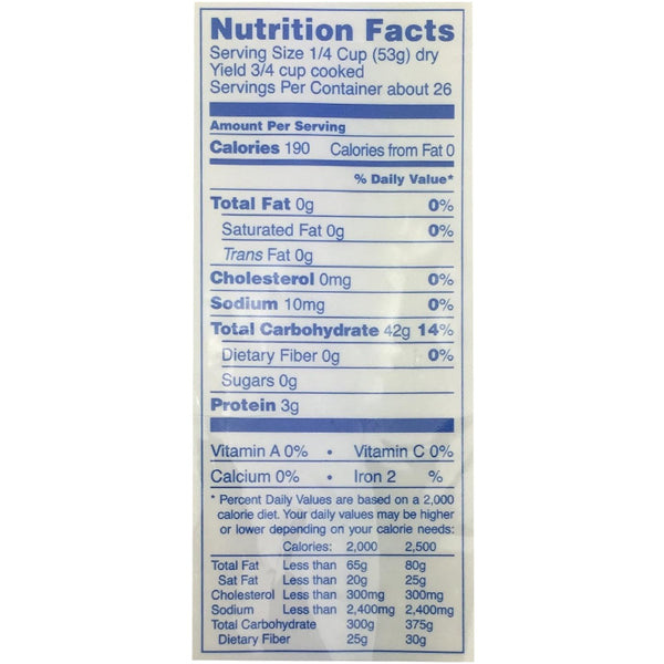 Nutrition facts for Trader Joes Jasmine Rice from Thailand (1/4 cup, 53g): 190 calories, 0g fat, 10mg sodium, 42g carbs, 1g fiber, 39g sugar, and 3g protein. Available as a 4 pack (3lbs each).