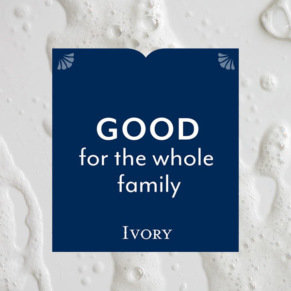 A navy blue square with white text reading “Good for the whole family Ivory” sits on a soapy, bubbly white background, showcasing 4 Pack - Ivory Mild & Gentle Body Wash Original Scent 35oz by Ivory, featuring plant-based cleansers.