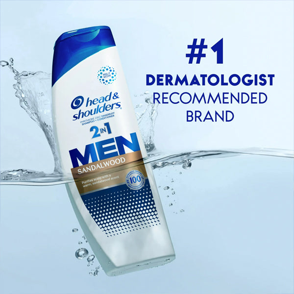 A 4 Pack of Head & Shoulders Mens Dandruff Shampoo Sandalwood 12.5oz is displayed with water splashes and text stating its the #1 dermatologist recommended brand.