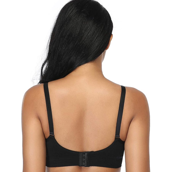 A woman is shown from behind wearing a black GXXGE 4 Pack Medium Push Up Seamless Nursing Bra for Breastfeeding and Maternity, featuring adjustable straps and a two-hook back closure against a plain white background.