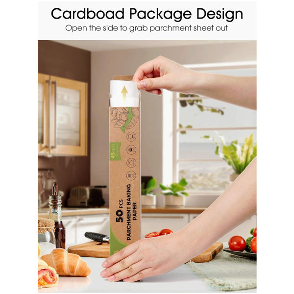 Hands pull unbleached Kootek 4 Pack - Parchment Paper Baking Sheets (12 x 16 in, 50 count each) from a box—an essential kitchen accessory—on a countertop with food and utensils nearby.