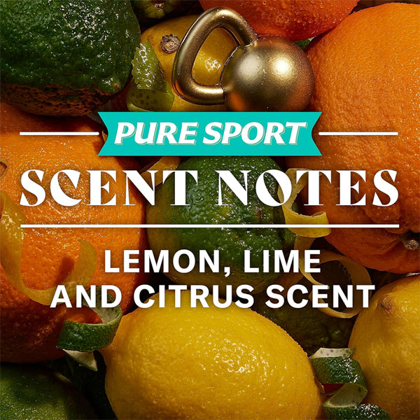 Close-up of lemons, limes, and oranges with a gold kettlebell; text reads: Old Spice Pure Sport 2in1 Shampoo & Conditioner for Men—Lemon, Lime & Citrus scent for barbershop-fresh hair. 4 Pack (22oz each).