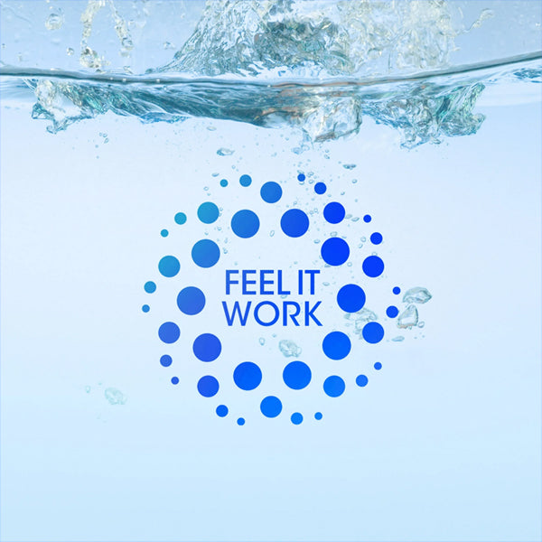 Water splashes over a ring of blue dots encircling FEEL IT WORK on light blue, showcasing the refreshing power of Head & Shoulders Mens Dandruff Shampoo Sandalwood 12.5oz, available in a 4 pack, for effective scalp care.