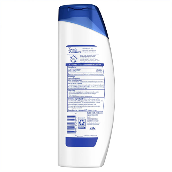 Back view of a 12.5oz Head & Shoulders Men’s Dandruff Shampoo Sandalwood bottle from the 4 Pack, showing drug facts, active ingredients, directions, and contact info on a white label with blue accents for scalp care.