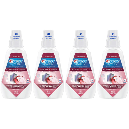 Four bottles of Crest 3D White Glamorous White Alcohol Free Mouthwash Fresh Mint 16oz, from Crest, are shown in a row with their front labels visible.