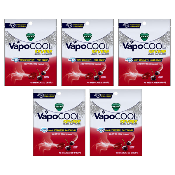 Five packs of Vicks VapoCool Severe Medicated Sore Throat Drops, Cherry Flavor, 45 count each, provide powerful sore throat relief with soothing Vicks Vapors.