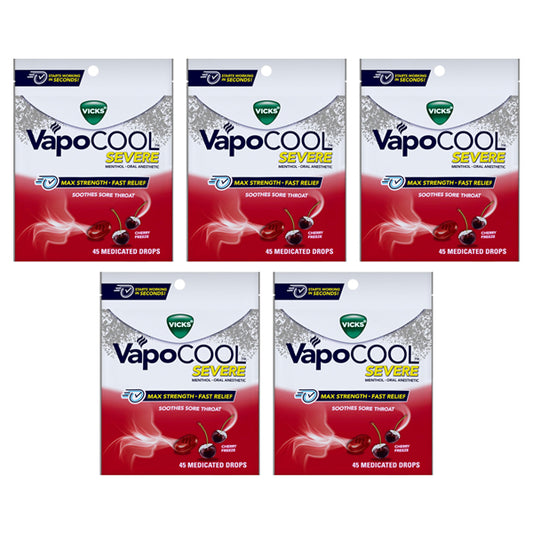 Five packs of Vicks VapoCool Severe Medicated Sore Throat Drops, Cherry Flavor, 45 count each, provide powerful sore throat relief with soothing Vicks Vapors.