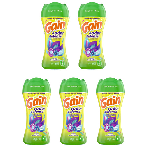 Five bottles of Gain + Odor Defense In-Wash Scent Booster Super Fresh Blast Scent 5.7 oz, a 5 pack from Gain, are arranged in a grid on a white background, offering lasting freshness for your laundry.
