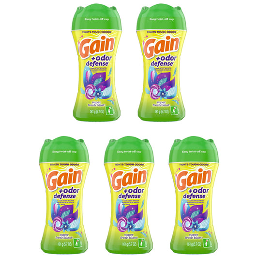 Five bottles of Gain + Odor Defense In-Wash Scent Booster Super Fresh Blast Scent 5.7 oz, a 5 pack from Gain, are arranged in a grid on a white background, offering lasting freshness for your laundry.