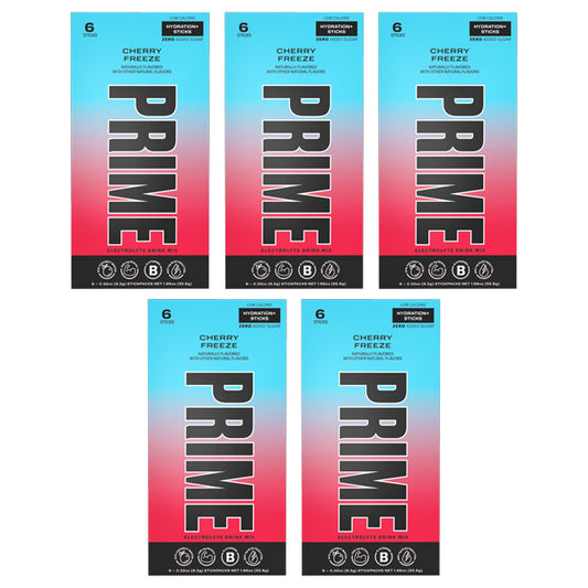 Five boxes of Prime Hydration+ Sticks Cherry Freeze Sugar Free (6 count each) by Prime are arranged in two rows, each featuring product details and branding in blue, red, black, and white for zero-sugar hydration.