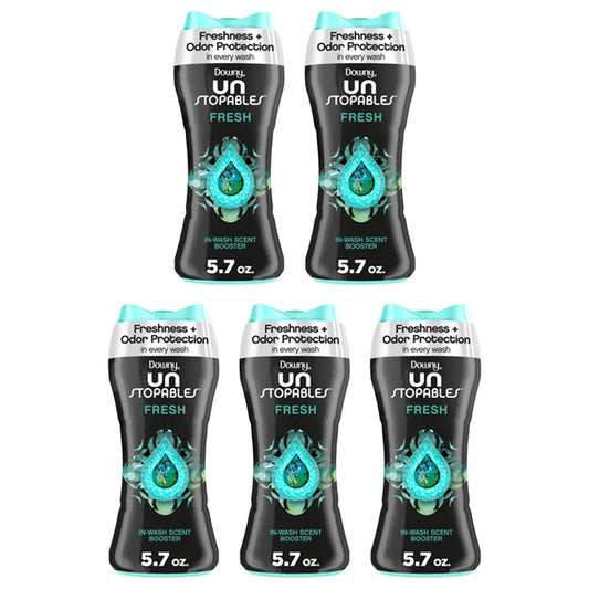 The 5 Pack of Downy Unstopables Laundry Scent Booster Beads Fresh Scent (5.7 oz each) by Downy is displayed in two rows against a white background.