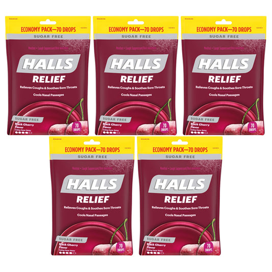 5 Pack - HALLS Relief Sugar Free Black Cherry Flavor Cough Drops 70 Count