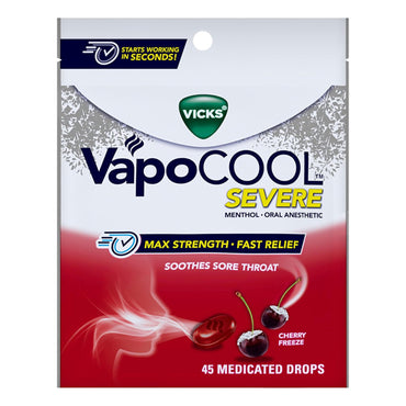 Front of a Vicks 5 Pack VapoCool Severe Medicated Sore Throat Drops Cherry Flavor, featuring 45 drops per pack with max strength menthol for fast sore throat relief.