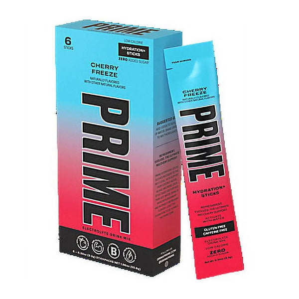 Prime 5 Pack Hydration+ Sticks Cherry Freeze Sugar Free (6 count) by Prime features blue and red gradient packaging with bold black text, delivering zero-sugar electrolyte hydration powder.